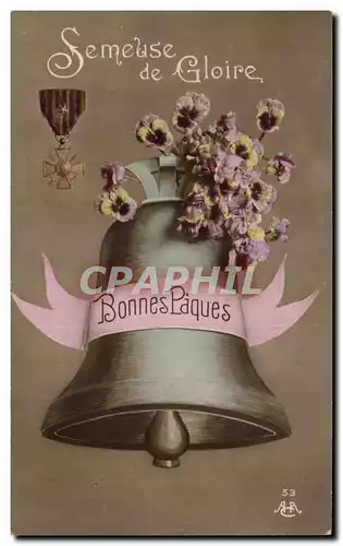 Cartes postales Fantaisie Fleurs Cloche medaille militaire Paques Easter
