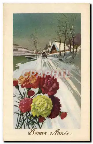 Cartes postales Fantaisie Fleurs Bonne annee Neige