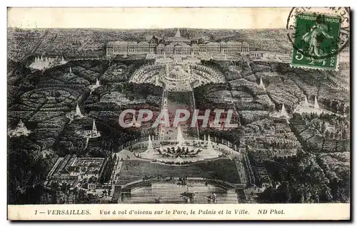 Cartes postales Versailles Vue a vol d oiseau sur le Parc le Palais et la Villes