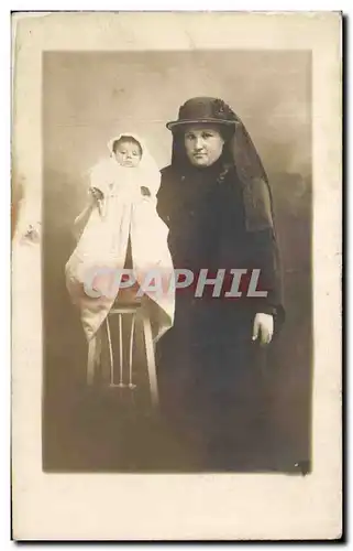 CARTE PHOTO Femme Folklore Enfant Bebe