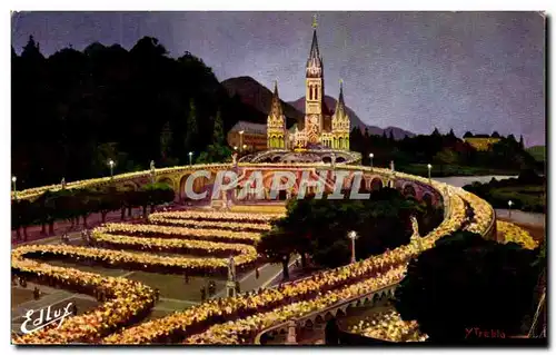 Cartes postales moderne Lourdes La Basilique llluminee et la Processlon aux flambeaux