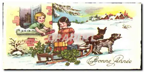 Cartes postales Fantaisie Bonne Annee Chiens de traineau Enfants