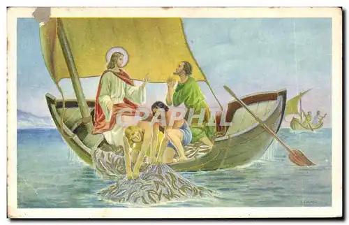 Cartes postales Christ en barque Poissons Pecheurs