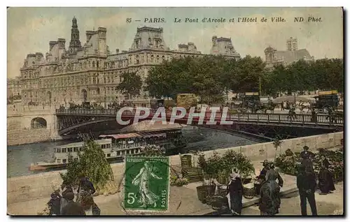 Cartes postales Paris Le Pont d&#39Arcole et l&#39Hotel de Ville Marche aux fleurs Peniche Bateau