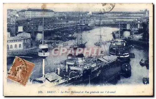 Cartes postales Brest Le Pont National et Vue generale sur l'arsenal Bateaux