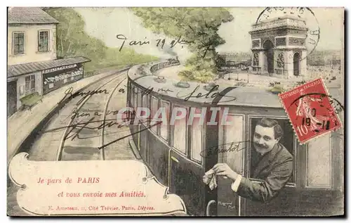 Cartes postales Paris Train Je vous envoie mes amities Arc de TRiomphe