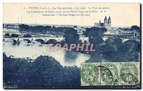 Cartes postales Tours La Vue generale La Loire Le Pont de pierre La Cathedrale St Gatien et la Paritie