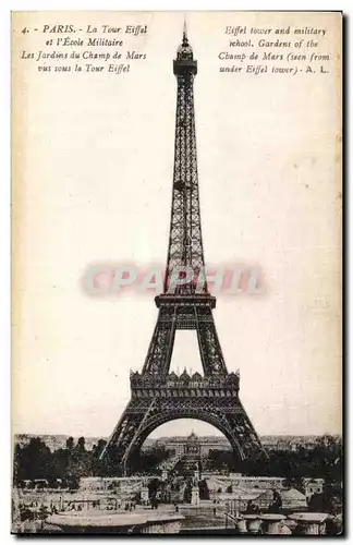 Cartes postales Paris La Tour Eiffel et l&#39Ecole Militaire Les Jardins du Champ de Mars vue sous la Tour Eiffe