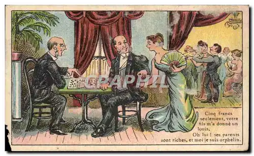 Chromo Cinq Francs seulement votre fils m&#39a donne un louis Femme Eventail Belle Jardiniere Beriot