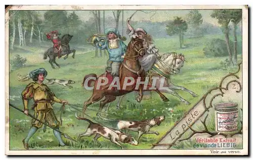 Chromo Liebig La piste Chasse a cour chien cheval Nain