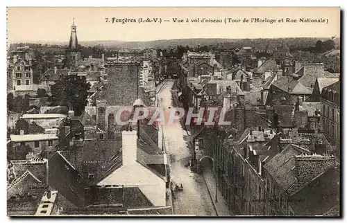 Cartes postales Fougeres Vue a vol d&#39oiseau Tour de l&#39horloge et rue Nationale