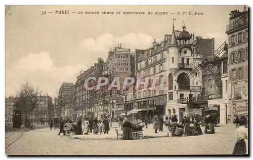 Cartes postales Paris Le Moulin Rouge Et Boulevard De Clichy Marche