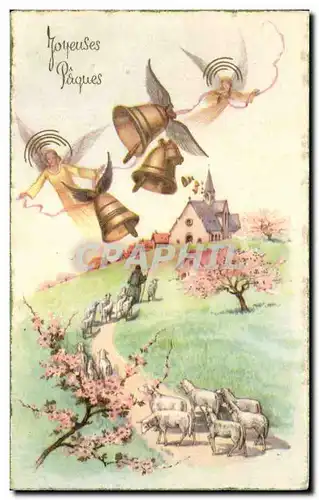 Cartes postales Fantaisie Joyeuses Paques Cloches Anges Moutons