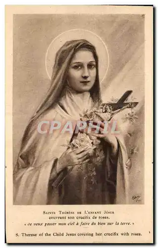Ansichtskarte AK Sainte Therese De L&#39esfant Jesus Couvrant son crucifix de roses Je veux passer mon ciel a fai