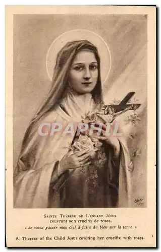 Cartes postales Sainte Therese De L&#39esfant Jesus Couvrant son crucifix de roses Je veux passer mon ciel a fai