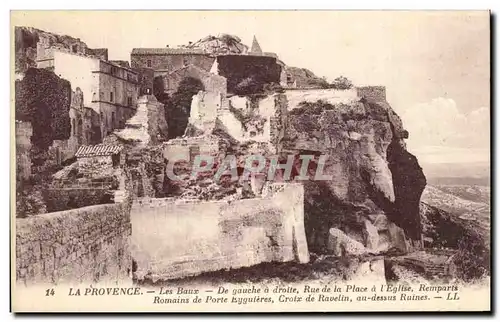 Cartes postales La Provence Les Baux De gauche a Droite Rue de la Place a l&#39Eglise Remparts Romains de Porte