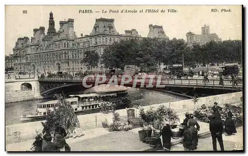 Cartes postales Paris Le Pont d&#39Arcole Et l&#39Hotel De Ville Marche aux fleurs Peniche