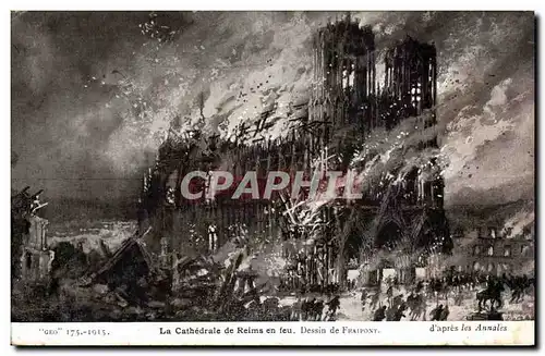 Cartes postales La Cathedrale de Reims en Feu Dessin de Fraiport d&#39Apres les Annales Militaria