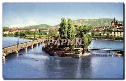 Cartes postales Geneve Ile J J Rousseau le Pont du Mont Blanc Et Le Mont Blanc