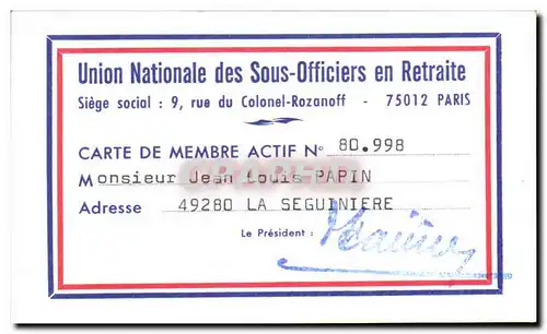 Carte Union Nationale Des Sous Officiers En Retraite Siege Social Rue Colonel Rozonoff Jean Louis Pa