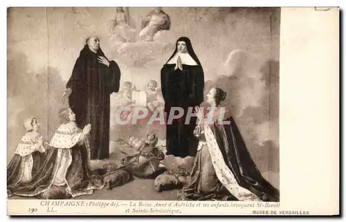 Cartes postales Champaigne La Reine Anne d&#39Autriche et ses enfants invoquant St Benoit et Sainte Scolastique