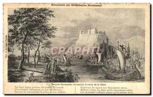 Ansichtskarte AK Souvenir du Millenalre Normand Barques Normandes remontant le cours de la Seine Bateaux Dragon