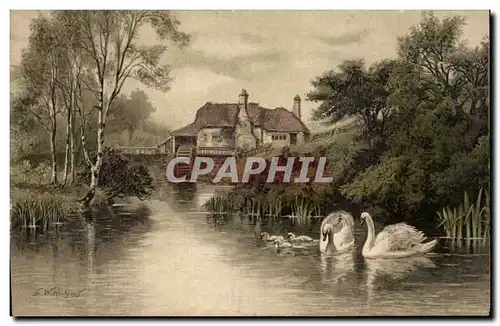 Cartes postales Fantaisie Moulin a roues Cygne