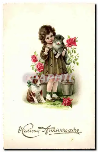 Cartes postales Fantaisie Enfant Chat et chien