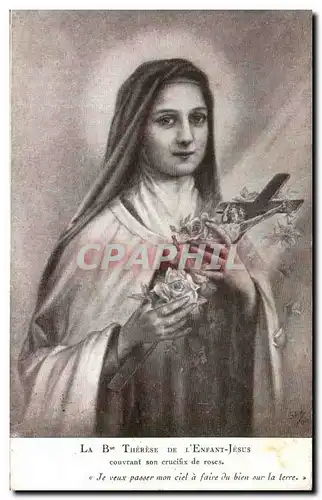Cartes postales La Therese De l'Enfant Jesus Couvrant son crucifix roses
