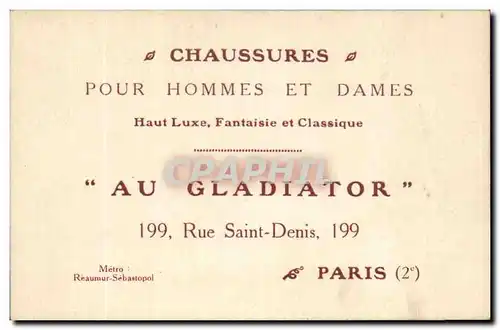 Carte de visite Chaussures Pour Hommes Et Dames Au Gladiator Rue Saint Denis Paris Reaumur Sebastopo