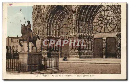 Cartes postales Reims Portail De La Cathedrale Et Statue Jeanne d'Arc
