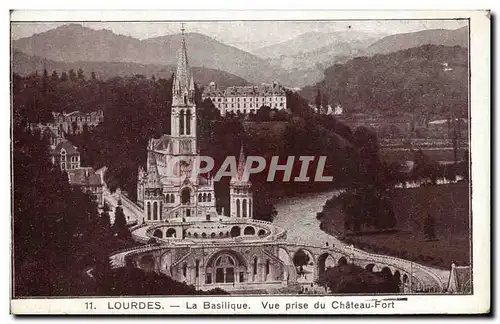 Ansichtskarte AK Lourdes La Basilique Vue prise du Chateau Fort Publicite Magasin Peyramale