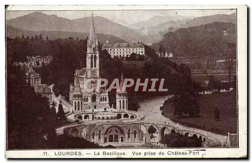 Ansichtskarte AK Lourdes La Basilique Vue prise du Chateau Fort Publicite Magasin Peyramale