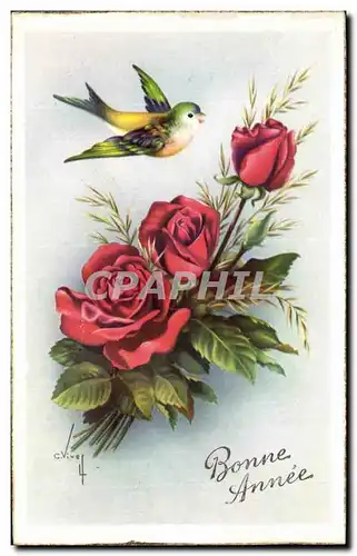 Cartes postales Bonne Annee Fleurs Roses oiseau