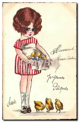 Cartes postales Fantaisie Femme Poussins Paques