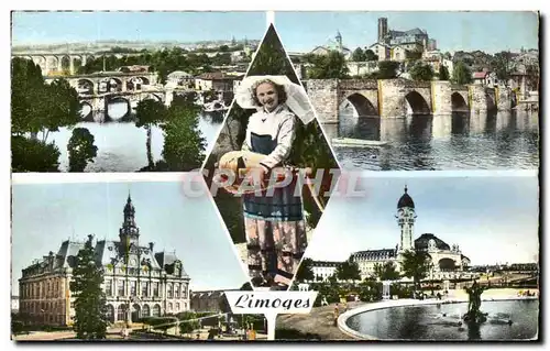 Cartes postales moderne Limoges Les tois ponts Pont Saint Etienne Joueuse de Vielle L&#39hotel de villa La gare