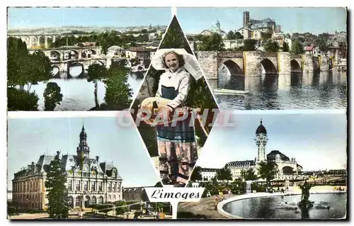 Cartes postales moderne Limoges Les tois ponts Pont Saint Etienne Joueuse de Vielle L'hotel de villa La gare
