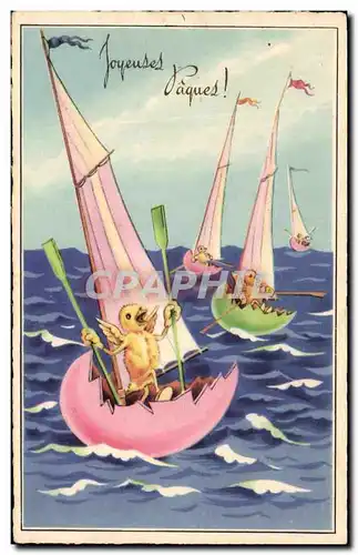 Cartes postales Joyeuses Paques Poussins Bateau oeufs