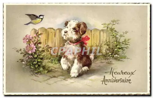 Ansichtskarte AK Heureux Anniversaire Chien oiseau