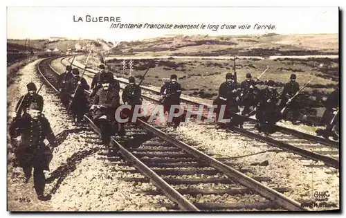 REPRO La Guerre infanterie Francaise avancant le long d&#39Une Voie Ferree Militaria