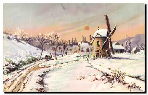 Cartes postales Fantaisie Moulin dans la neige