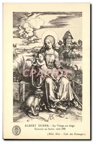 Cartes postales Albert Durer la Vierge au Singe Gravure au burin Vers 1498 Singe