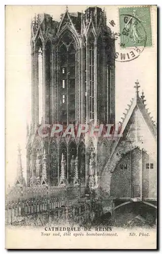 Cartes postales Cathedrale De Reims Tour sud etat apres Bombardement Militaria