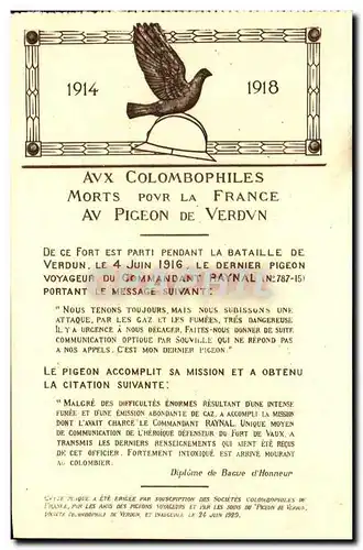 Cartes postales Aux Colombophiles Morts Pour La France Vedun Militaria Colombe