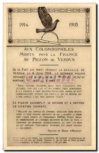 Ansichtskarte AK Aux Colombophiles Morts Pour La France Au Pigeon De Verdun Colombe Militaria