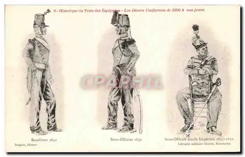 Cartes postales Historique du Train des Equipages Les divers Uniformes Bataillons 1841 Militaria