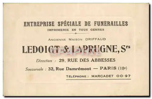 Carte de visite Entreprise Speciale Funerailles Maison Driffaud Ledoigt et Laprugne Rue des Abbesses