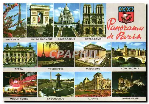 Cartes postales moderne Panorama de Paris Tour Eiffel Arc de Triomphe Sacre Coeur Opera