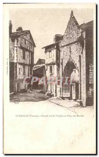 Cartes postales Lusignan Portail Sud de l&#39Eglise et Place du Marche