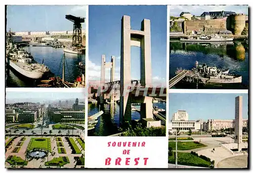 Moderne Karte Souvenir De Brest Arsenal Pont national Penfeld et le chateau Place de la liberte Hotel de ville